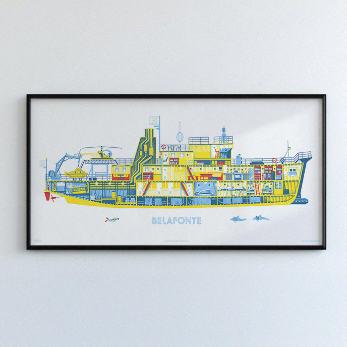 A framed archival quality Giclée print of a colorful illustration depicting the Belafonte ship, displayed against a white wall.